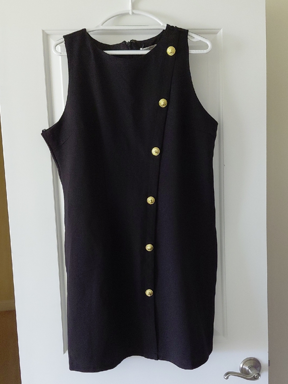 Petite Principle Sleeveless Black Dress with Gold Button Front